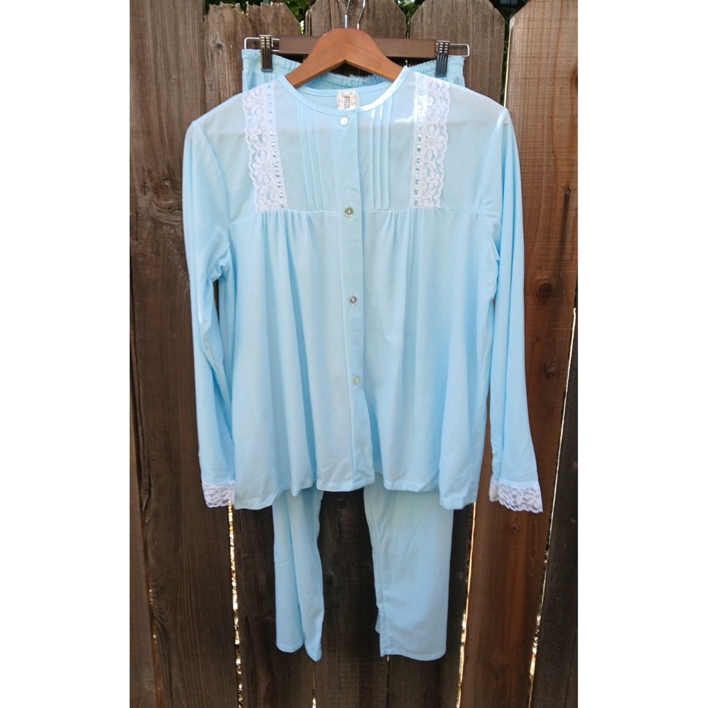 NOS Vtg Macys Brushed Acetate Pajama Set Blue W/ Lace Trim & Accent Stitching L